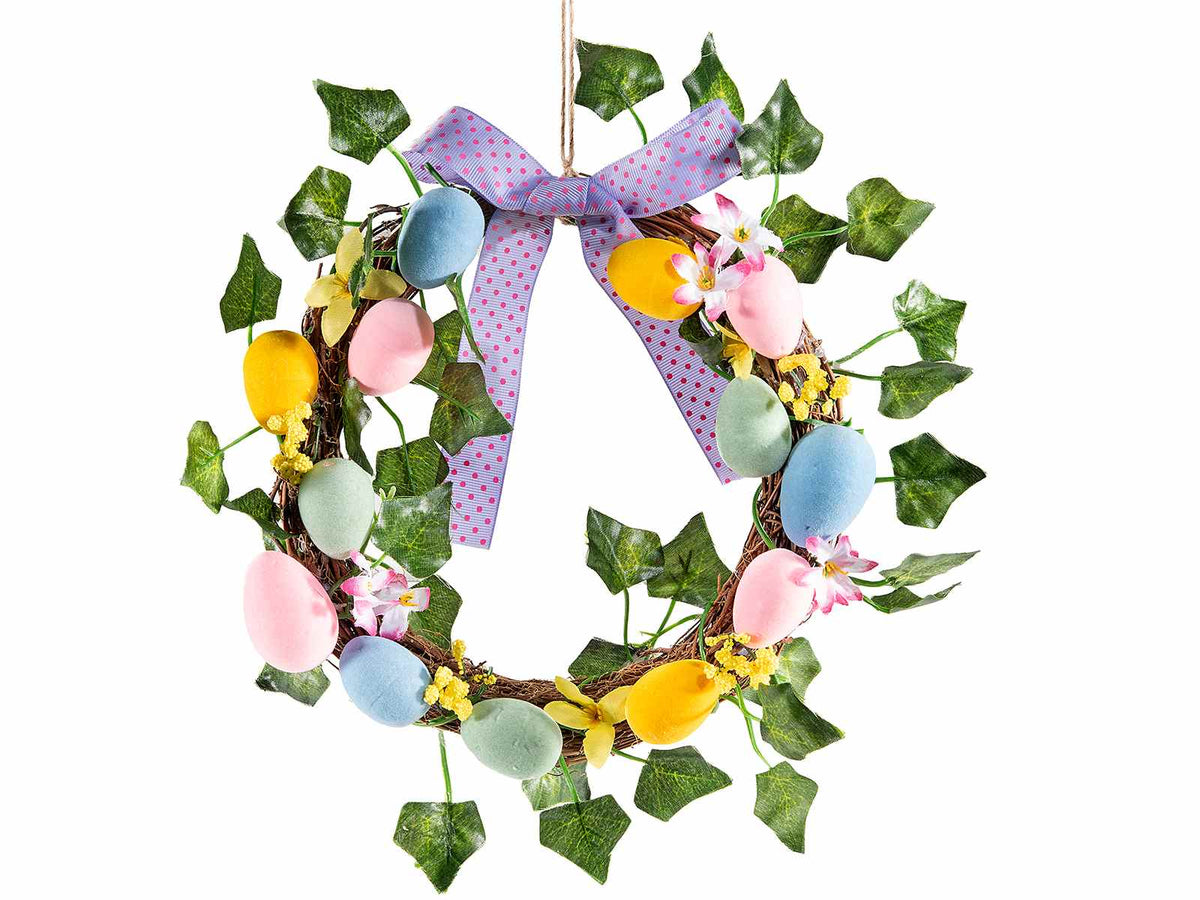 Ghirlande pasquali con uova colorate, fiori, edera e fiocco da appendere, set da 6 pezzi, Ø 26 cm