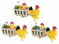 Gallinelle in floccato con pulcino e uova colorate in carretto di legno, set da 6 pezzi, cm 19 x 6 x 10,5 H