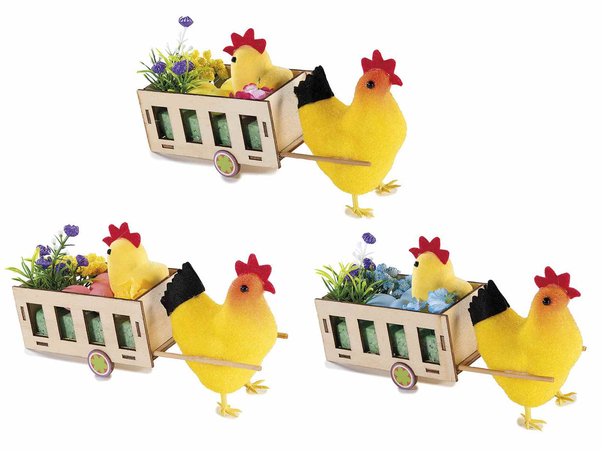 Gallinelle in floccato con pulcino e uova colorate in carretto di legno, set da 6 pezzi, cm 19 x 6 x 10,5 H