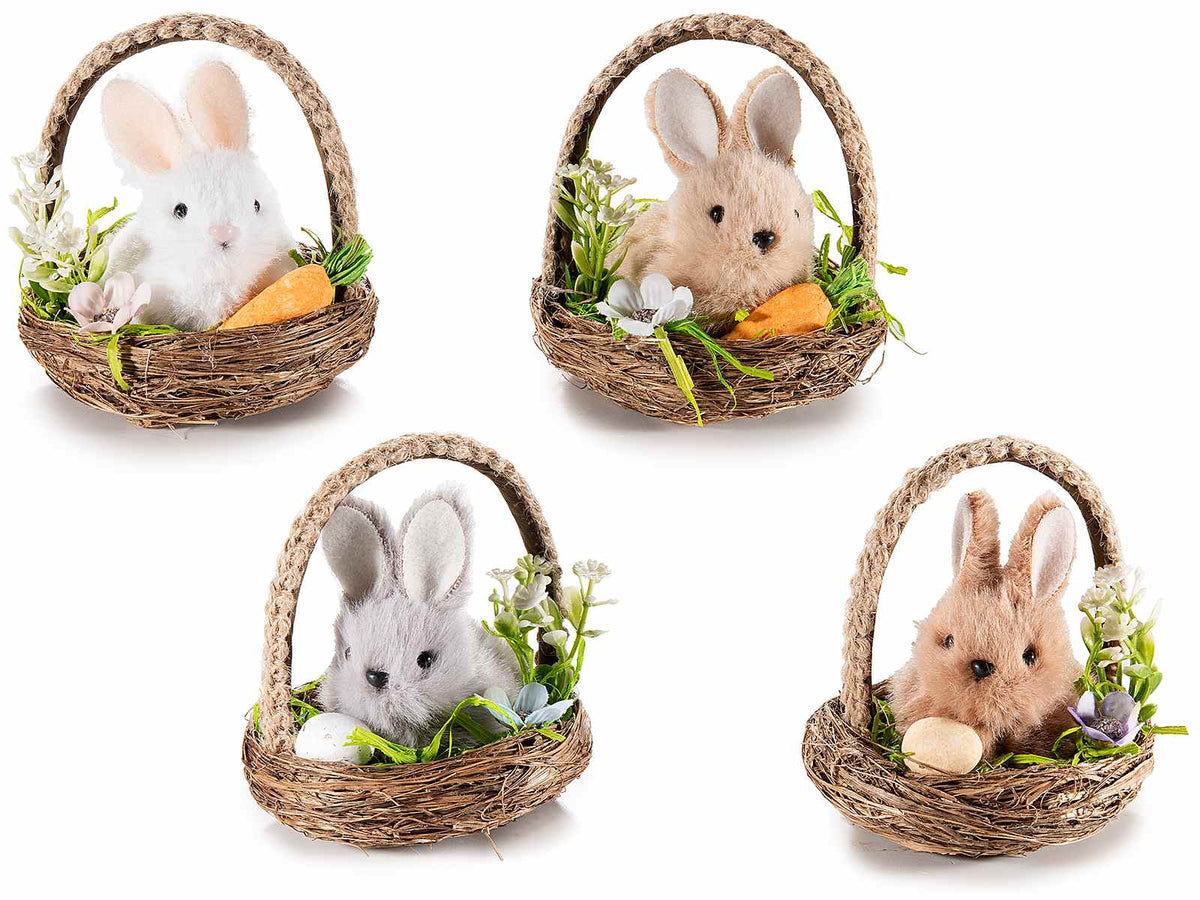 Coniglietti pasquali decorativi in cestino a nido di fibra naturale, set da 12 pezzi, cm 7,5 x 9 x 9,5 H