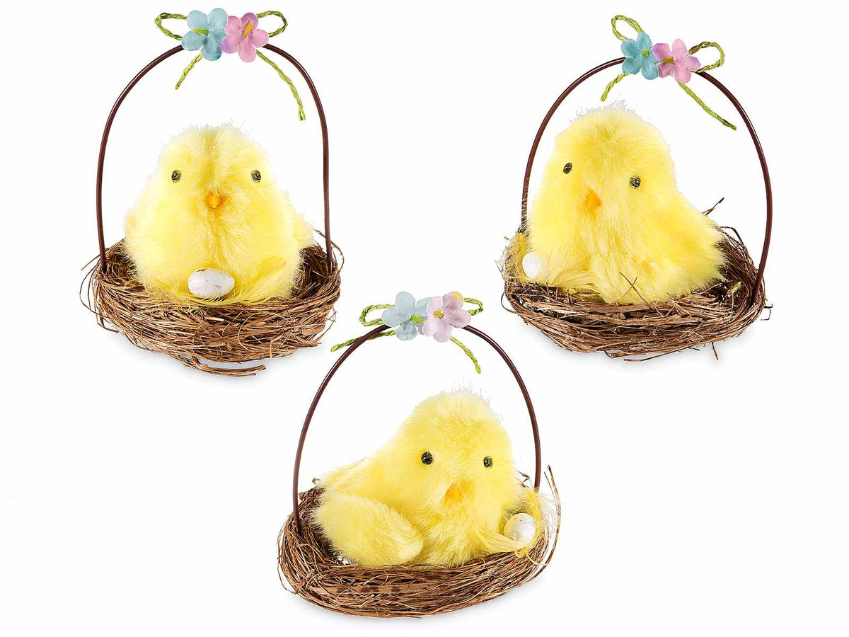 Pulcini pasquale con uovo in nido a cestino di fibra naturale, fiocchetto, set da 12 pezzi, Ø 9 cm x 13 H