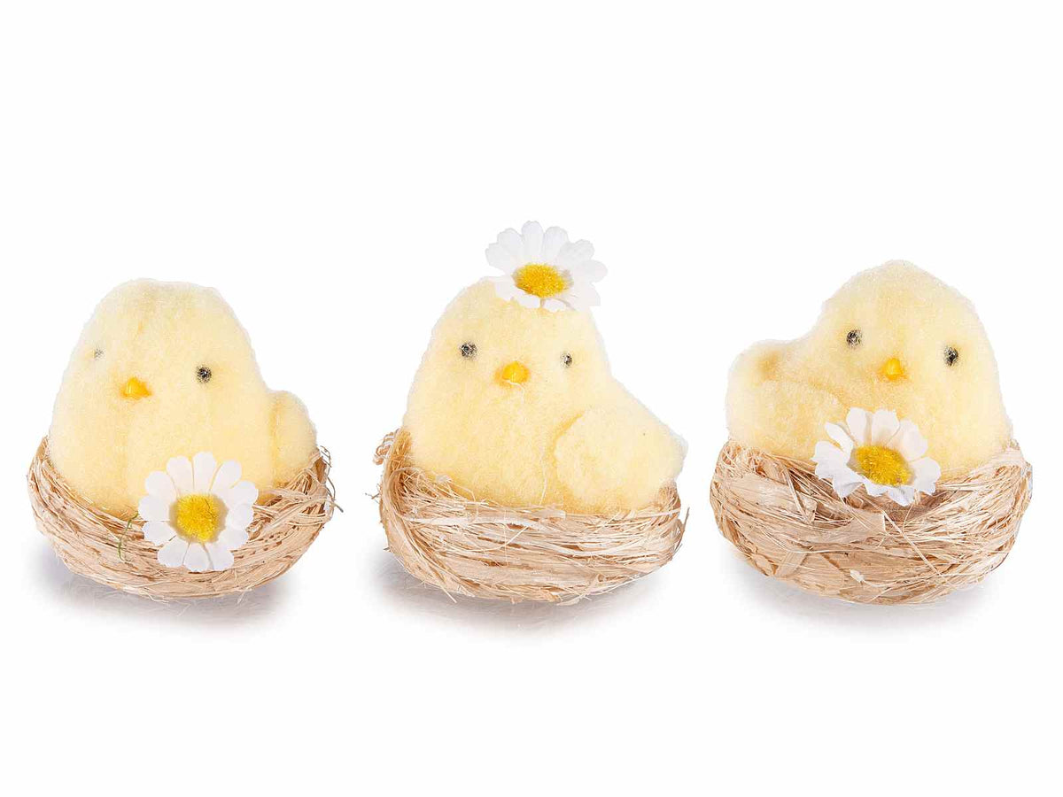 Pulcini pasquali con margherita in cestino di fibra naturale, set da 18 pezzi, Ø 6 cm x 6 H