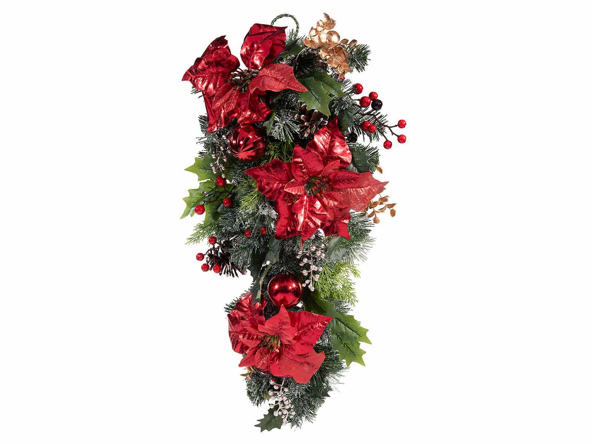 Ghirlanda / ramo con di stella di Natale con foglie rosso lucido, pigne, bacche, cm 66 H