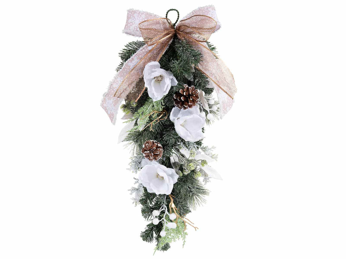 Ghirlande / rami di Natale con aghi di pino decorata con fiori bianchi, pigne, cm 66 H