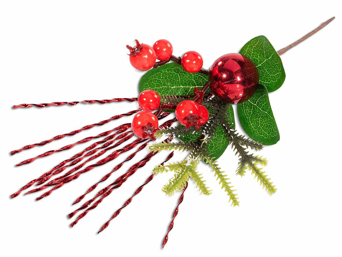 Rametti pick di bacche rosse, filamenti metallizzati e pallina rossa, set da 24 pezzi, cm 15 H (con gambo 25)