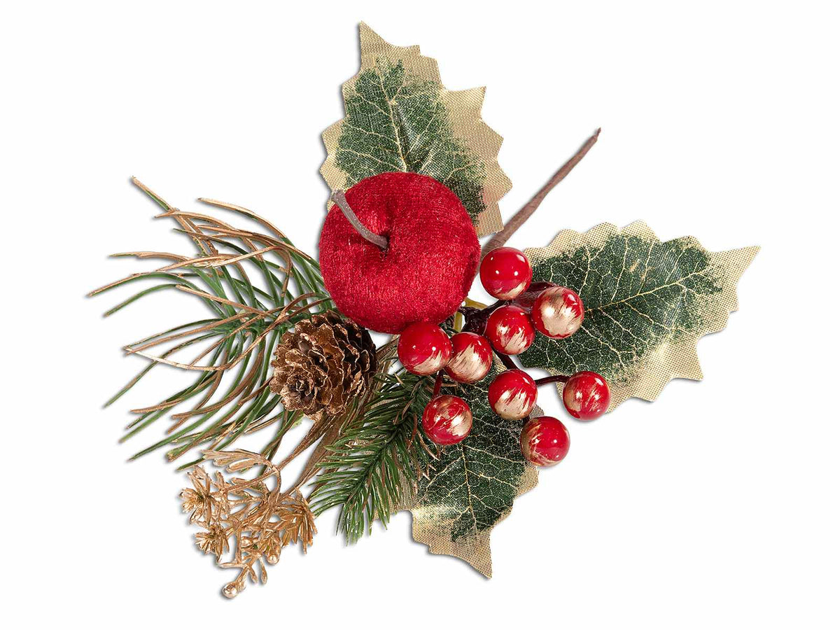 Rametti pick di Natale con bacche rosse, agrifoglio, pigna e mela in velluto, set da 20 pezzi, cm 13 H (con gambo 23)