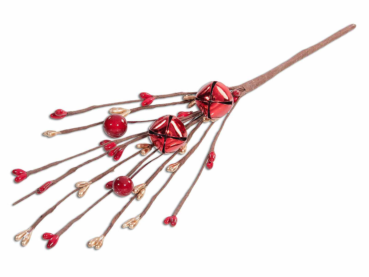 Rametti pick di bacche rosse, gemme dorate e campanelle color oro lucido, set da 24 pezzi, cm 19 H (con gambo 30)