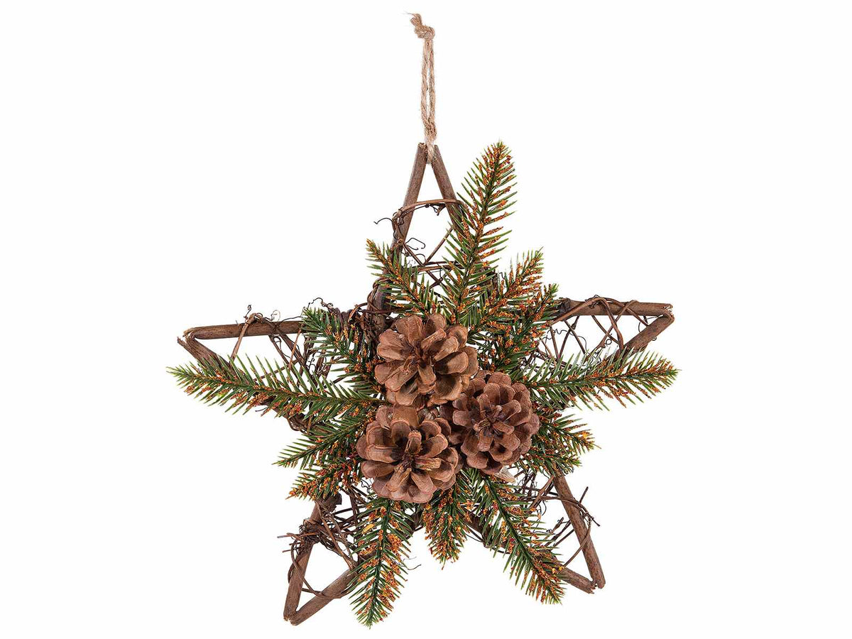 Ghirlande in legno a stella di Natale con pigne e aghi di di pino con dettagli, set da 4 pezzi, cm 30 x 28 H