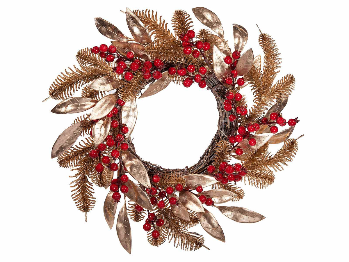 Ghirlande di Natale con bacche rosse, aghi di pino e foglie dorate, set da 2 pezzi, Ø 35 cm