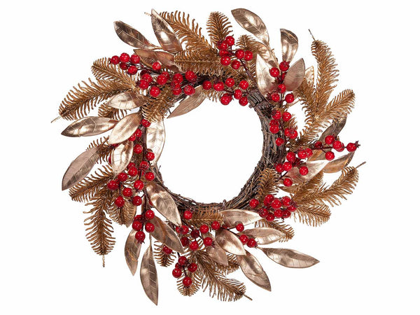Ghirlande di Natale con bacche rosse, aghi di pino e foglie dorate, set da 2 pezzi, Ø 35 cm