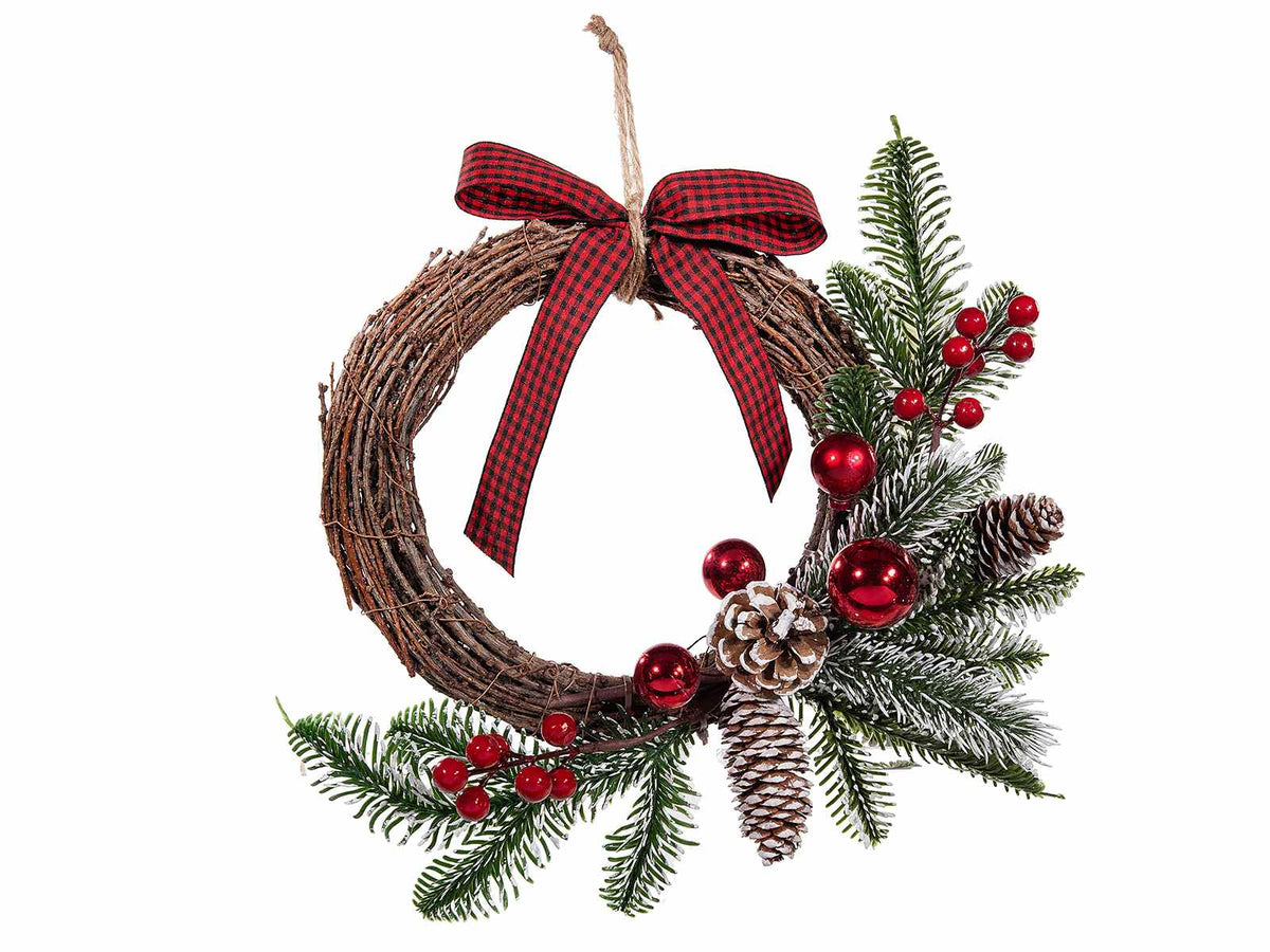Ghirlande natalizie di rami intrecciati decorata con aghi di pino innevati, set da 2 pezzi, Ø 25 cm