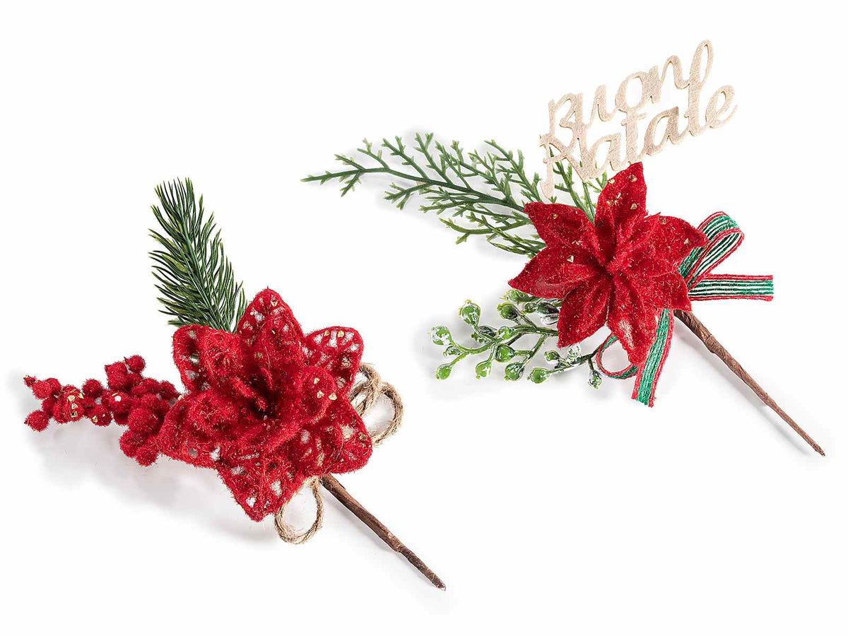 Rametti pick con pino, Stella di Natale in feltro, bacche e scritta Buon Natale, set da 24 pezzi, cm 15 H (con gambo 23)