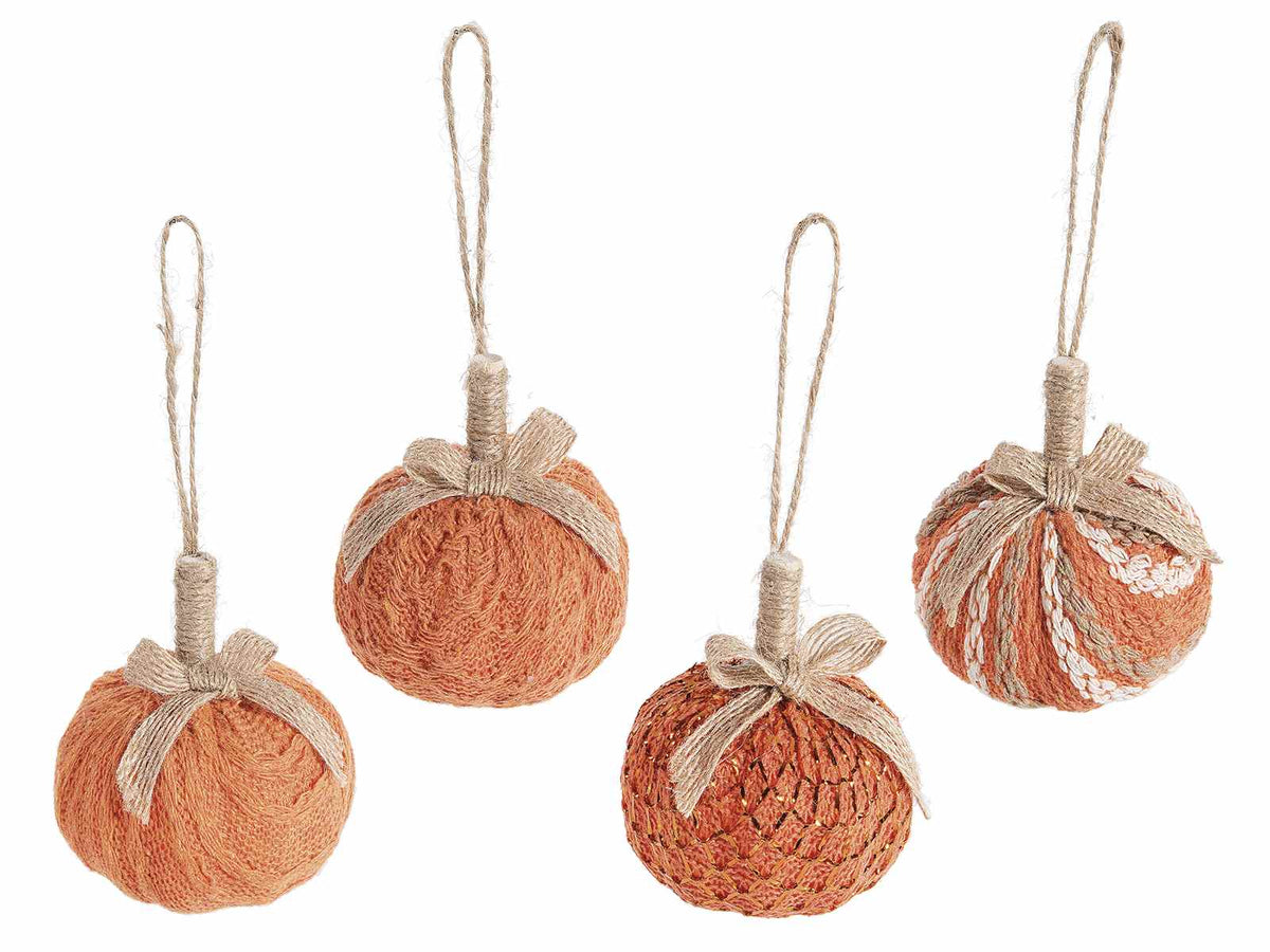 Zucche autunnali decorative rivestite in stoffa con fiocco juta da appendere, set da 12 pezzi, Ø 7 cm x 8,5 H