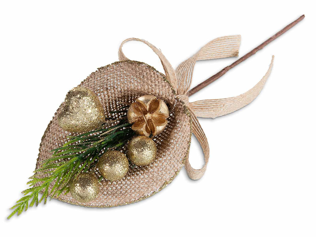 Rametti pick di Natale con aghi di pino dorati, bacche glitterate oro, set da 12 pezzi, cm 13 H (con gambo 26)