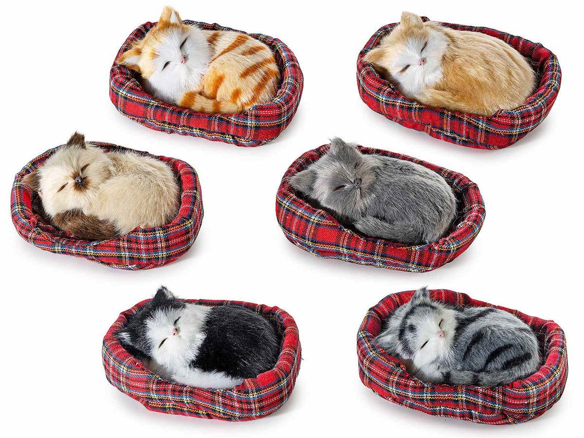 Gattini decorativi in finto pelo addormentati in cuccia in tartan, set da 6 pezzi, Gatto: cm 9,5 x 7 x 4,5 H