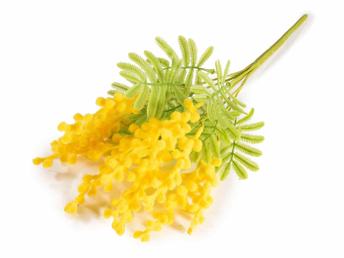 Mazzi di mimosa artificiale con fiori in floccato simbolo della Festa, set da 12 pezzi, cm 24 H (con gambo37)