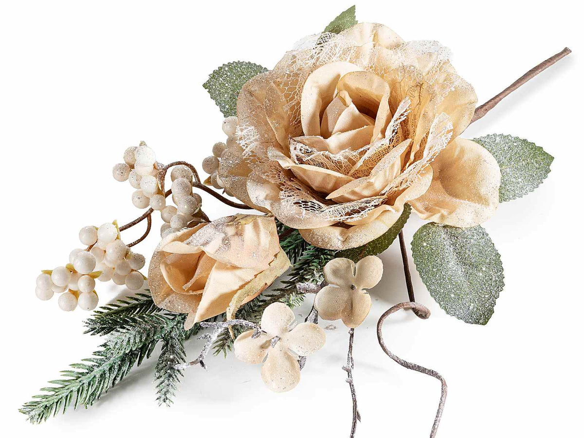 Rametti pick di rosa glitterata in stoffa con bocciolo e bacche, set da 6 pezzi