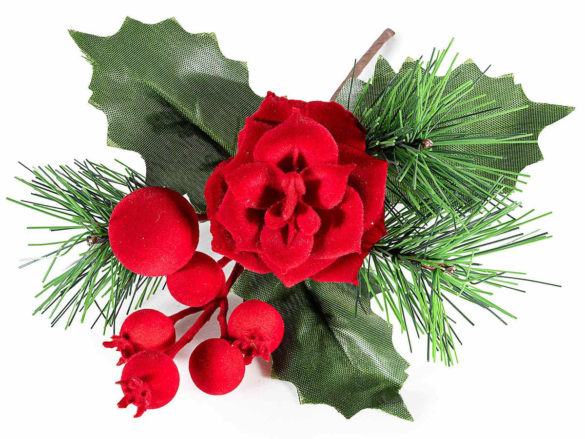 Rametti pick con rosa, bacche in velluto rosso e aghi di pino, set da 20 pezzi, cm 8,5 H (con gambo 18)