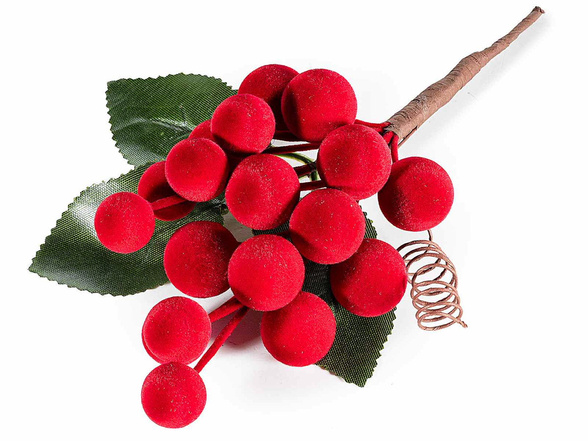 Rametti pick di bacche rosse in velluto, set da 20 pezzi, cm 11 H (con gambo 18)
