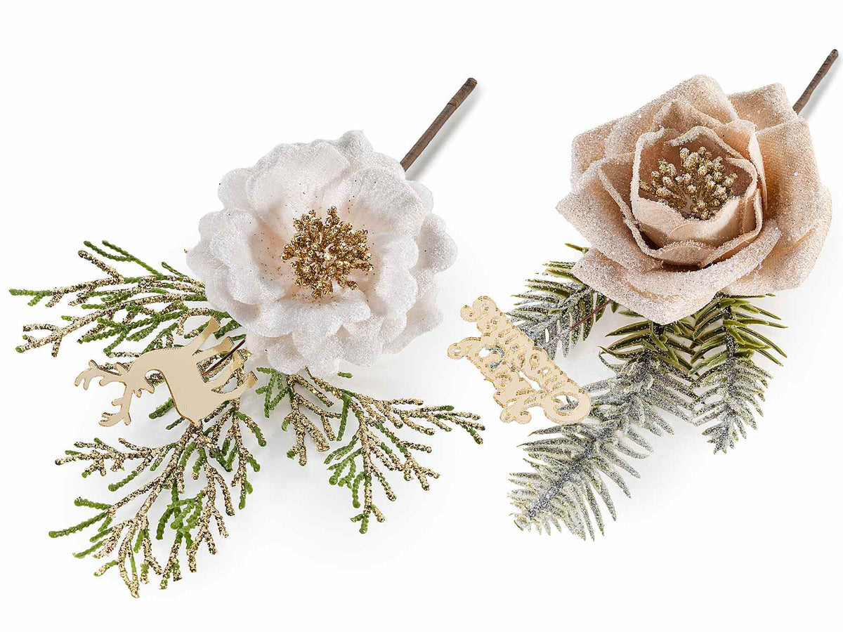 Rametti pick con rosa glitterata in stoffa e decorazione dorata con renna, set da 20 pezzi, cm 13,5 H (con gambo 24)
