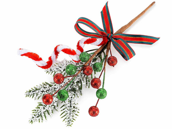 Rametti pick di bacche glitterate con decoro bastoncino di zucchero, aghi, set da 20 pezzi, cm 13 H (c / gambo 21)