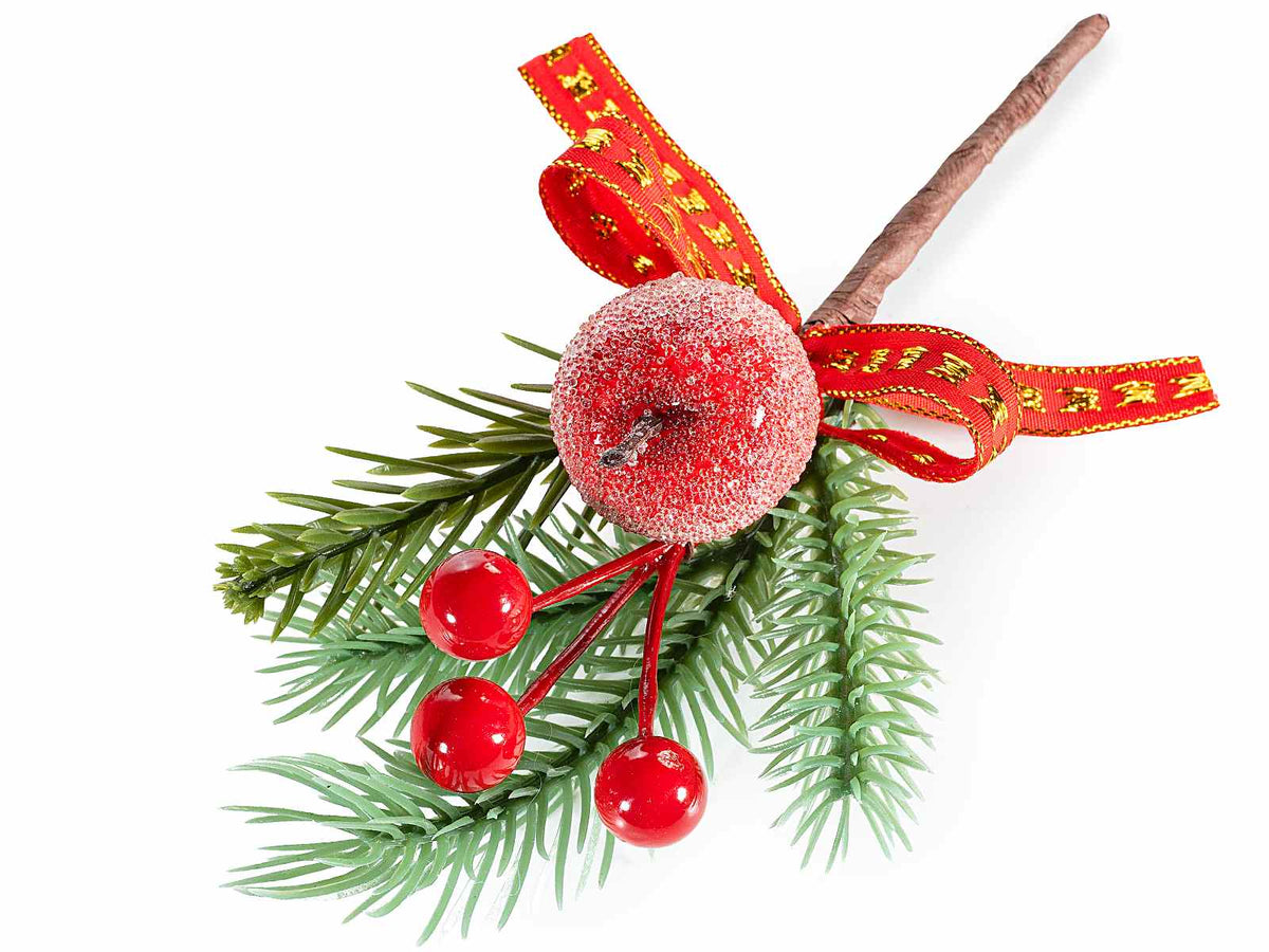 Rametti pick di pino con bacche rosse, mela innevata e fiocco rosso, set da 24 pezzi, cm 10 H (con gambo 16)