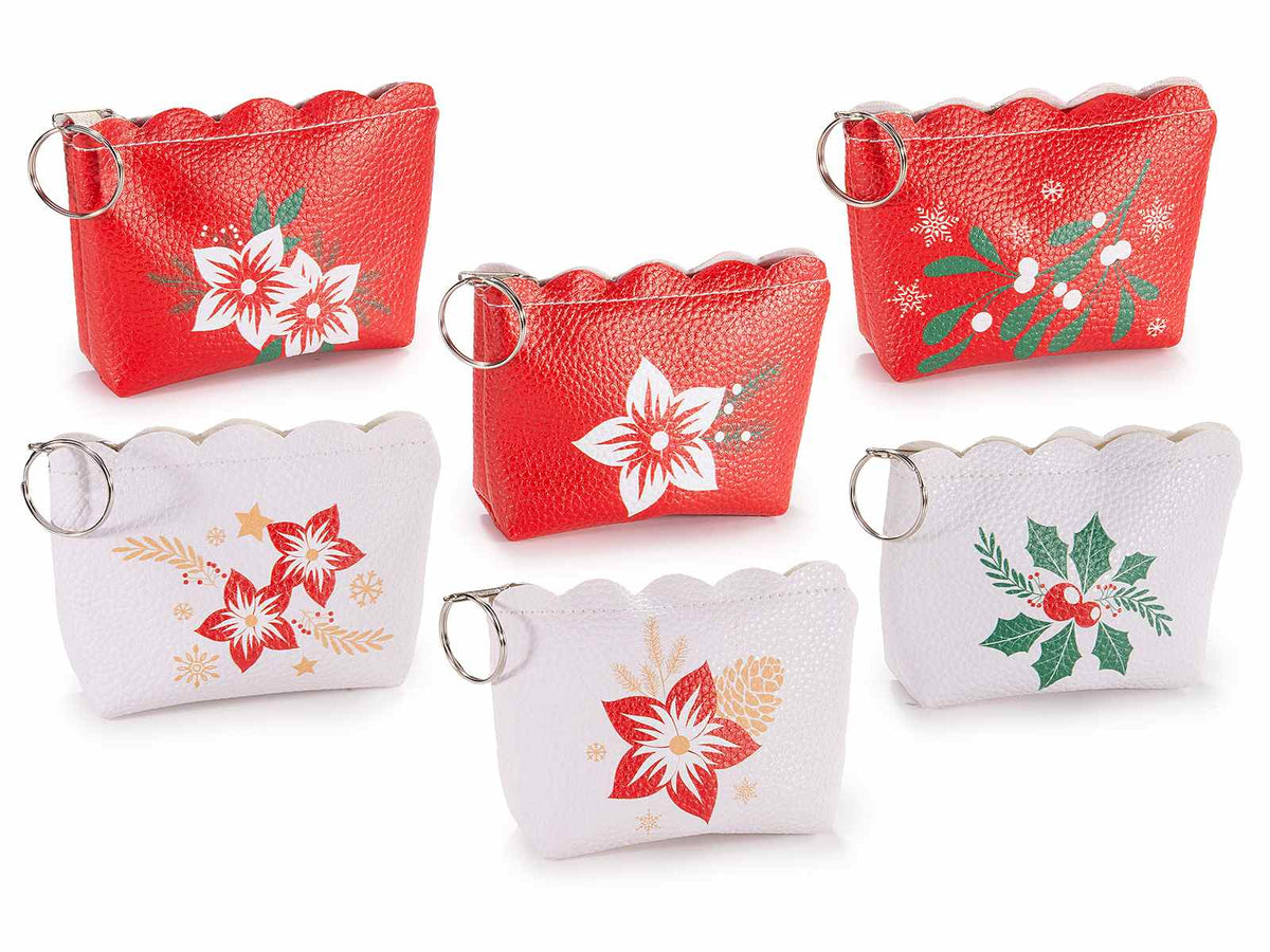 Portamonete di Natale in similpelle con zip e portachiavi con stampa natalizia, set da 18 pezzi, cm 11 x 2,5 x 8 H