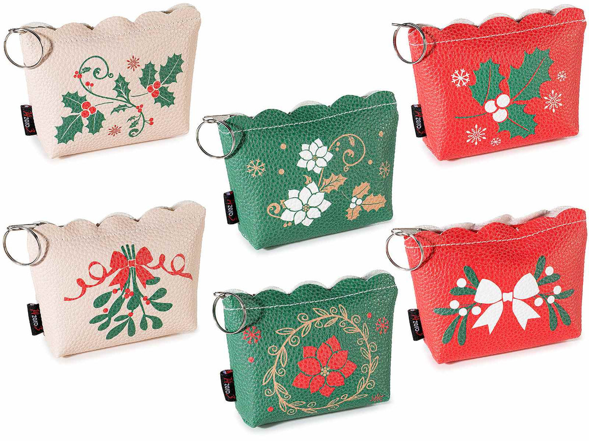 Portamonete natalizi in similpelle colorati con zip e portachiavi, set da 12 pezzi, cm 11 x 2,5 x 8 H