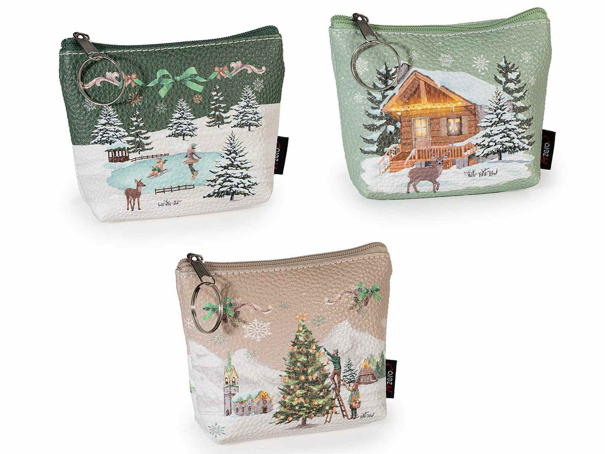 Astucci portamonete similpelle con zip e villaggio natalizio innevato, set da 12 pezzi, cm 11x2,5x8 H (con gancio 14)