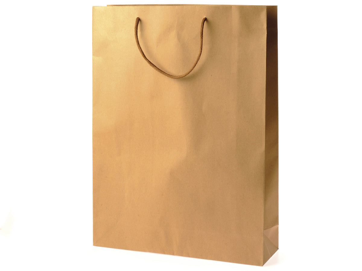 Busta sacchetto regalo in carta naturale con manici in corda. Nella misura maxi, set da 20 pezzi, cm 31,5 x 9,5 x 42 H