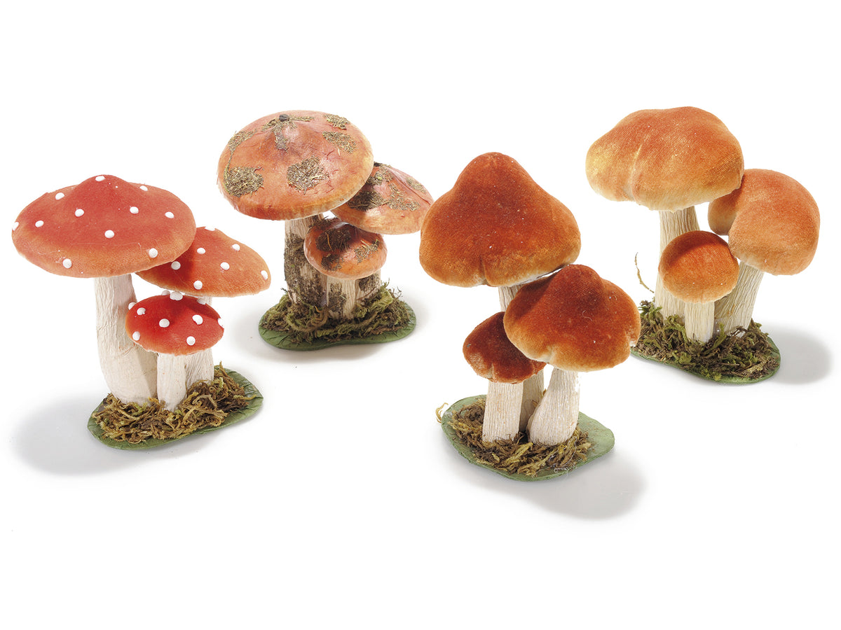 Tris di funghi decorativi artificiali in carta e stoffa con anima, set da 4 pezzi, cm 10,5 x 7,5 x 15 H