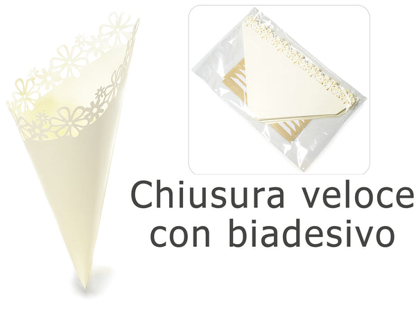 Cono porta riso in carta con decorazione a pizzo color ecrù con chiusura, set da 2 pezzi, cm 26 x 15 H