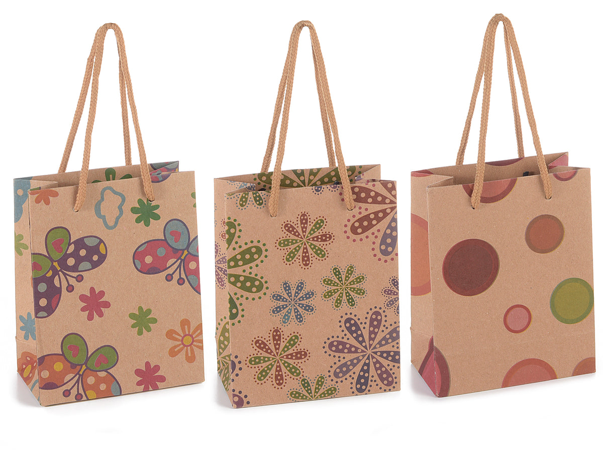 Sacchetti / buste piccole in carta naturale stampata con manici, set da 60 pezzi, cm 11,5 x 6 x 14,5 H