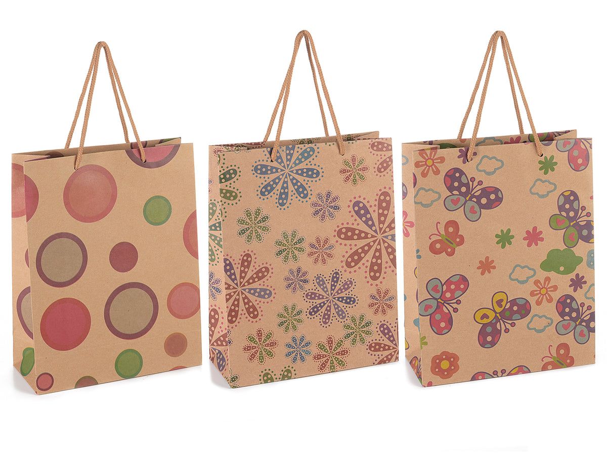 Buste / sacchetti medi in carta naturale stampata con manici, set da 36 pezzi, cm 19 x 8 x 24,5 H