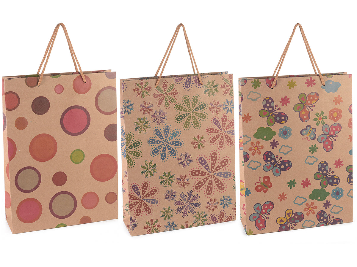 Sacchetti / buste grandi in carta naturale stampata con manici, set da 36 pezzi, cm 24 x 8 x 33 H
