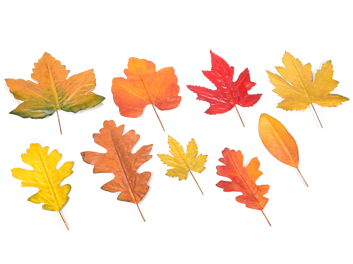 Foglie autunnali decorative in carta plastificata con gambo modellabile, set da 9 pezzi, da cm 6x10,5H a 10x17H
