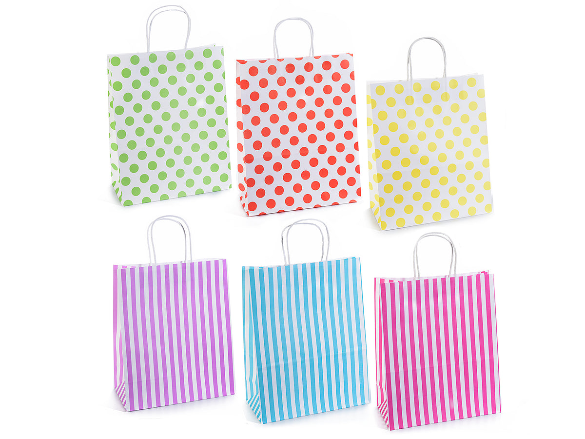 Sacchetti / buste in carta bianca con stampa colorata a righe / pois e manico, set da 24 pezzi, cm 25,5 x 12,5 x 32,5 H