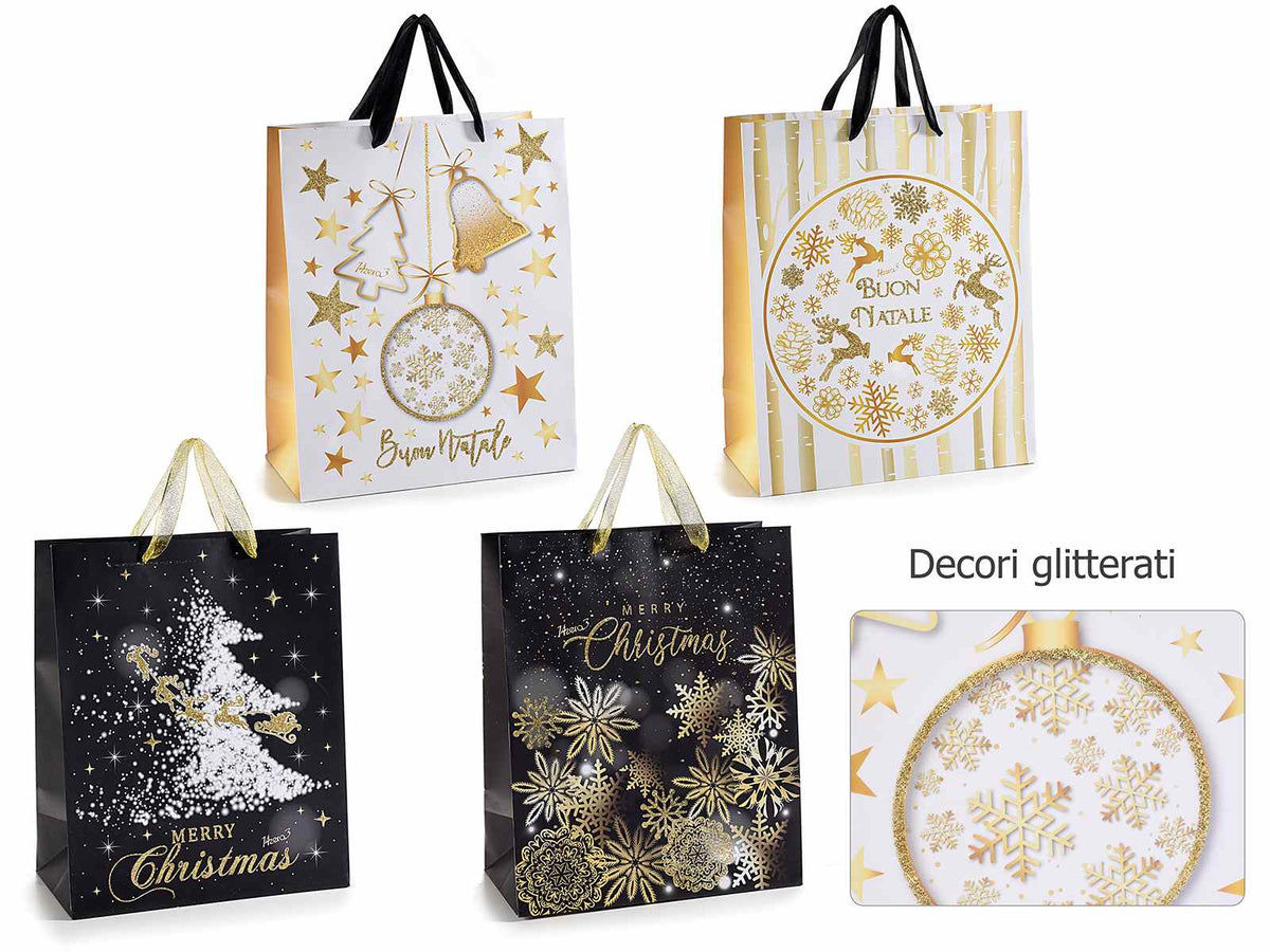 Sacchetti / buste di Natale medi in carta rigida con dettagli glitterati, set da 24 pezzi, cm 23 x 10 x 24,5 H