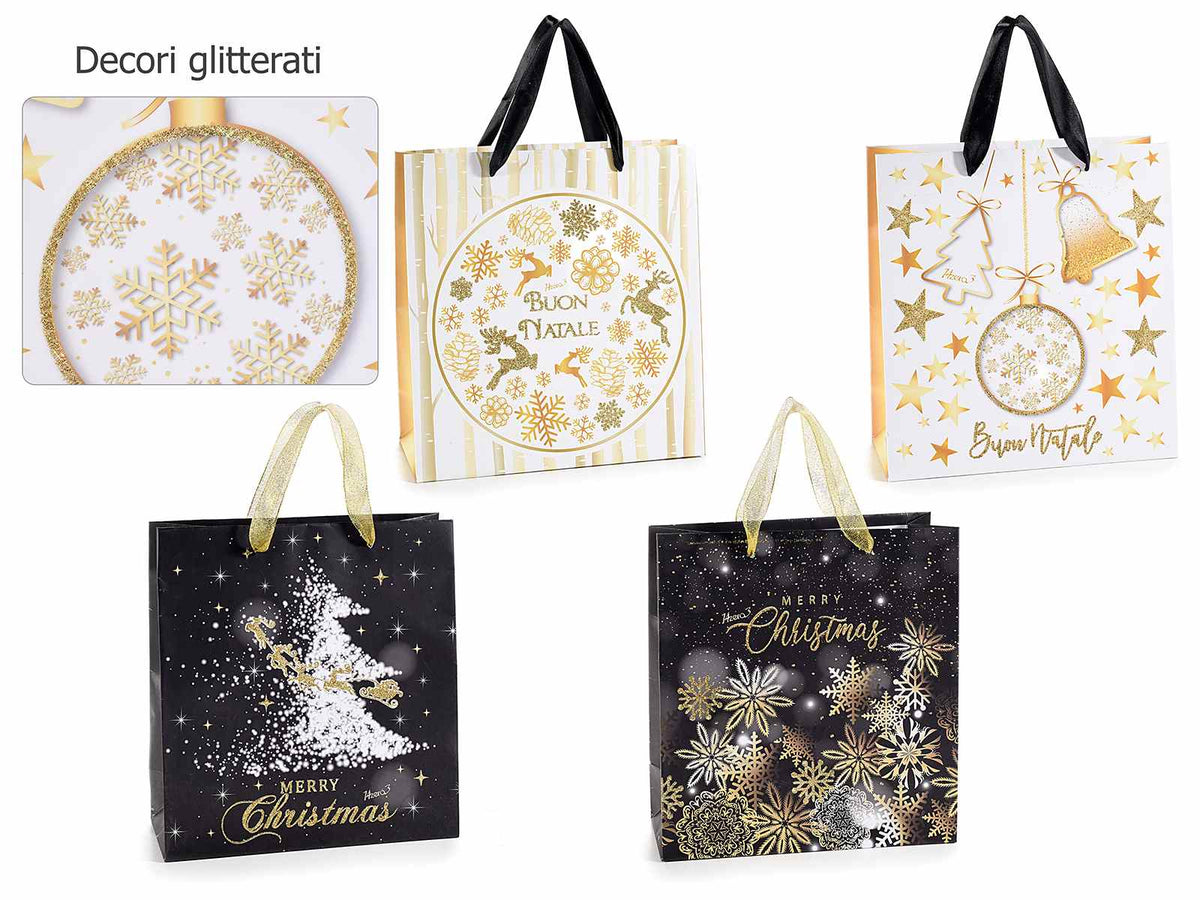 Buste regalo di Natale grandi in carta rigida con decorazioni glitterate oro, set da 20 pezzi, cm 26,5 x 13,5 x 32,5 H