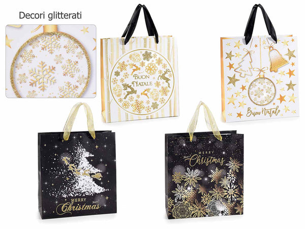 Buste regalo di Natale grandi in carta rigida con decorazioni glitterate oro, set da 20 pezzi, cm 26,5 x 13,5 x 32,5 H