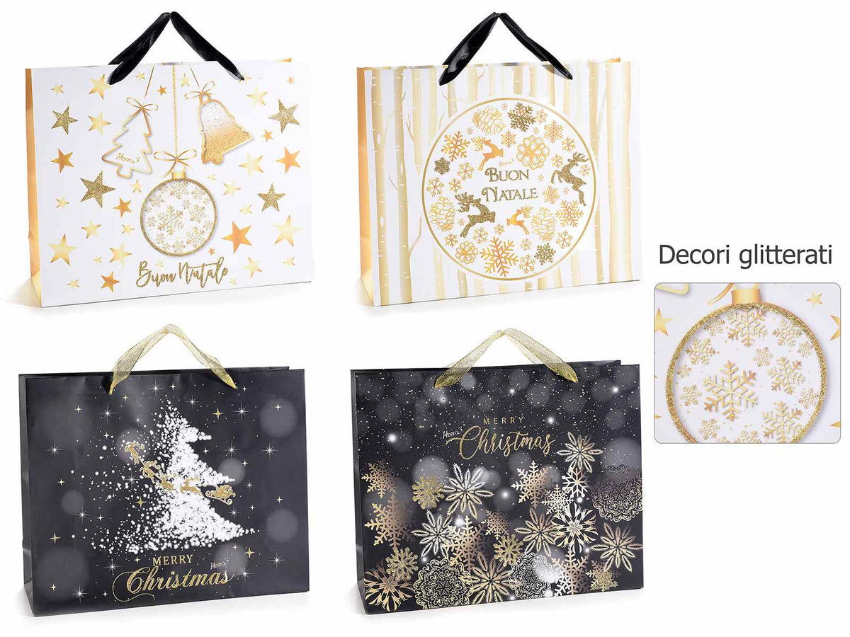 Sacchetti regalo / buste di Natale maxi in carta rigida con finiture glitterate, set da 16 pezzi, cm 38 x 12,5 x 30,5 H