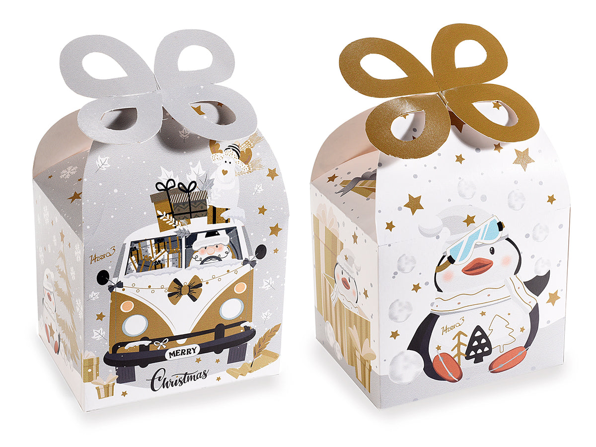 Scatole natalizie per pacchi regalo in carta bianca e oro, set da 48 pezzi, cm11,5x9x9,5H (c/fiocco18)