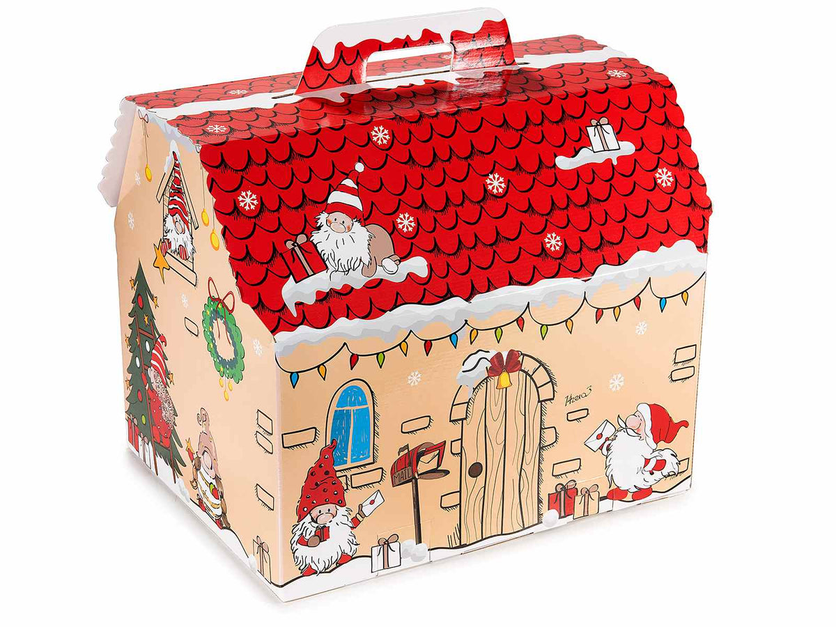 Scatole natalizie a casetta in cartone con manico, decorate con gnomi, set da 5 pezzi, cm36,5x27x29H (con manico 34)