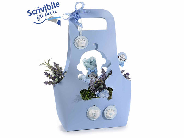Cestini porta fiori per battesimi / nascite bimbo in carta azzurra semi, set da 6 pezzi, cm30x10x34,5H (con manici 42)