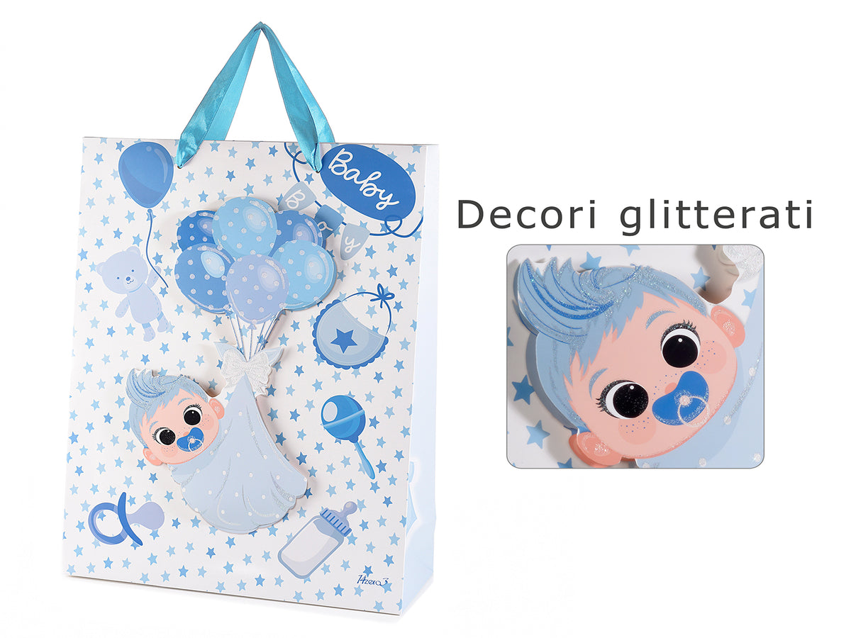 Sacchetti / buste grandi in carta con decorazioni bebé e palloncini in 3D, set da 10 pezzi, cm 30 x 12 x 42 H