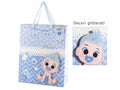 Sacchetti / buste medie in carta con decoro bimbo in 3D e manici in raso azzurri, set da 15 pezzi, cm 26 x 10 x 32 H