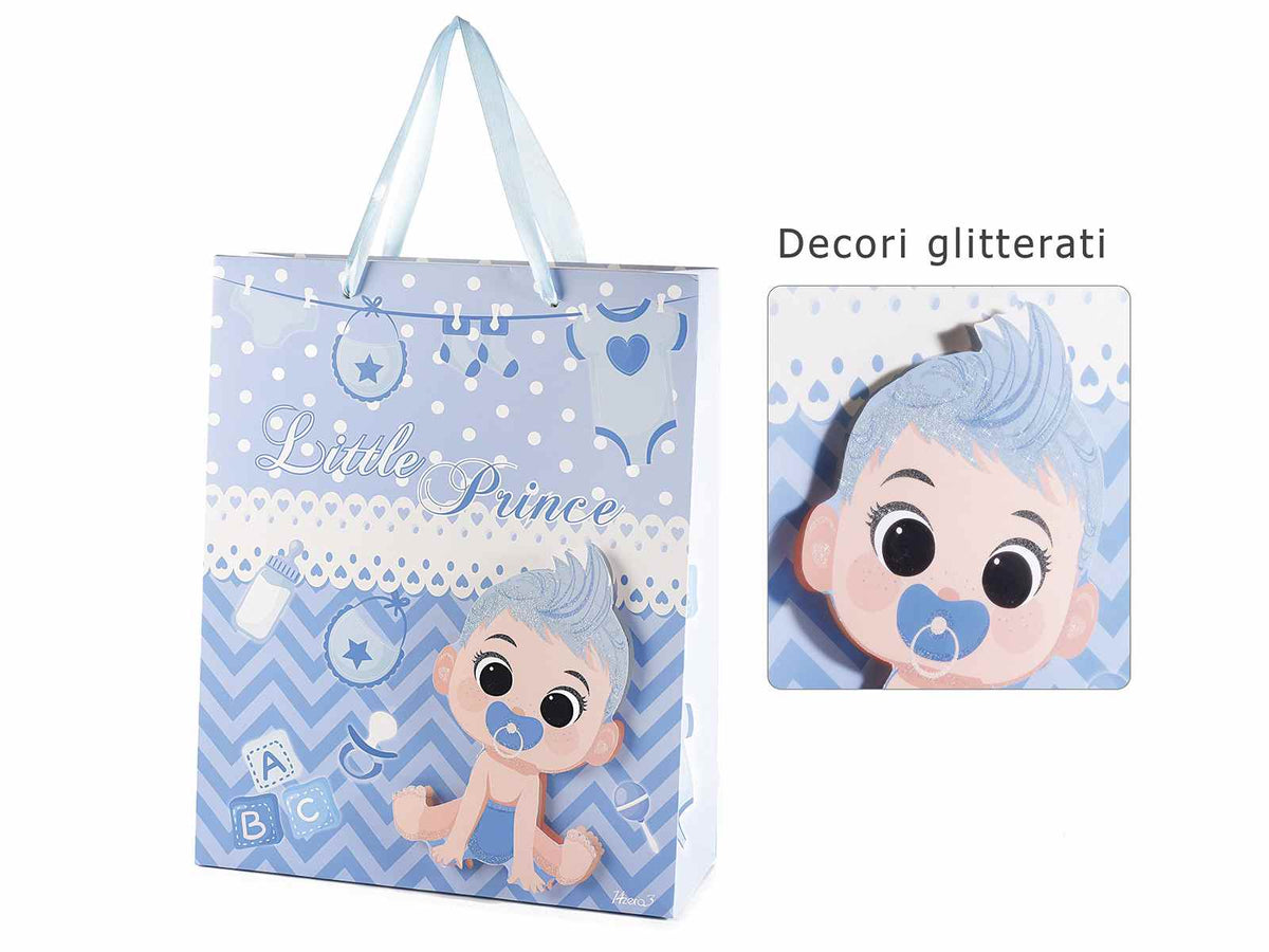 Sacchetti / buste medie in carta con decoro bimbo in 3D e manici in raso azzurri, set da 15 pezzi, cm 26 x 10 x 32 H