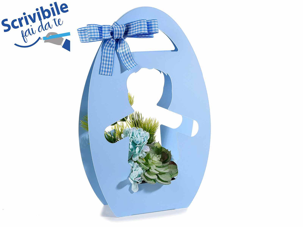 Cestini porta fiori per battesimi / nascite bimbo in carta azzurra semi, set da 8 pezzi, cm 15,5 x 4,5 x 19,5 H