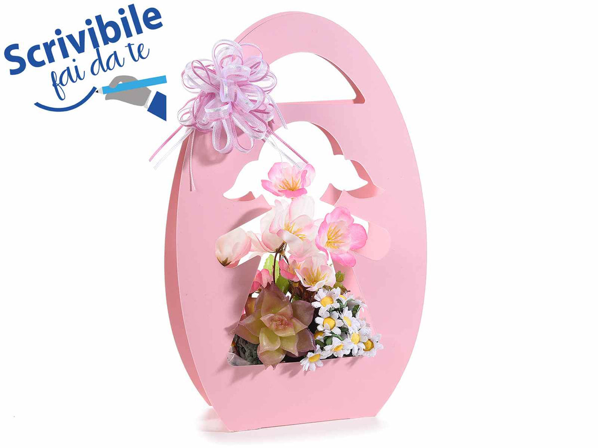 Cestini porta fiori a forma di bimba in carta rosa semi idrorepellente, set da 8 pezzi, cm 15,5 x 4,5 x 19,5 H