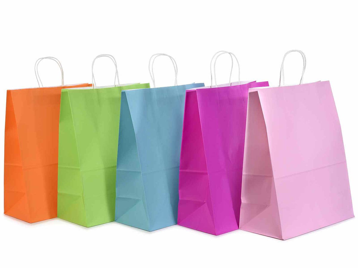 Sacchetti / buste maxi in carta colorata con manico ritorto, set da 25 pezzi, cm 33 x 18 x 43 H